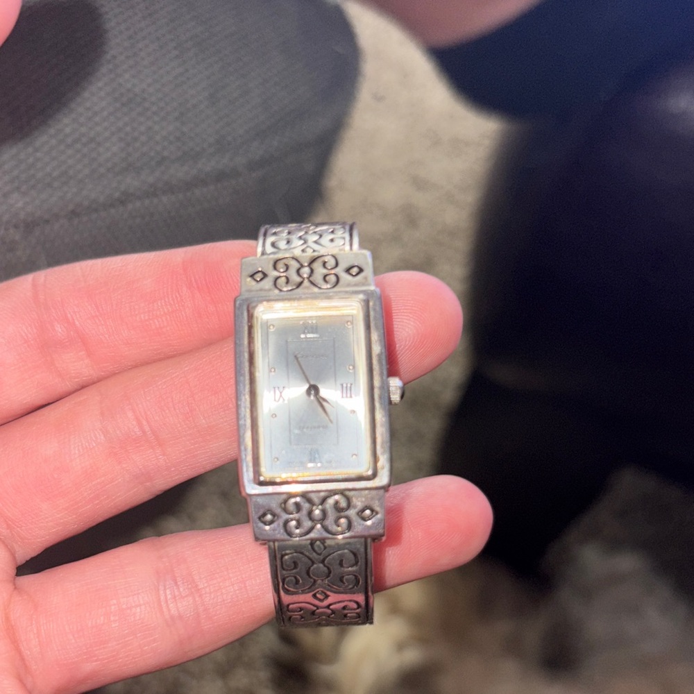 Silver Rectangular Watch with Intricate Band